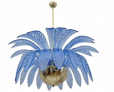 Lampadario a foglie di palma in vetro di Murano azzurro, anni '70