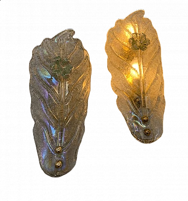 Pair of etched Murano glass wall lights attributed to Barovier, 1970s