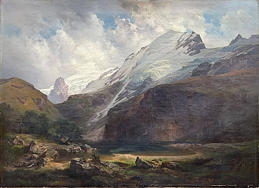 Anton Hansch, Il Monte Titlis con il Lago Engstlensee in Svizzera, dipinto a olio su tela, '800