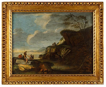 Seguace di Salvator Rosa, paesaggio costiero, dipinto a olio su tela, '600
