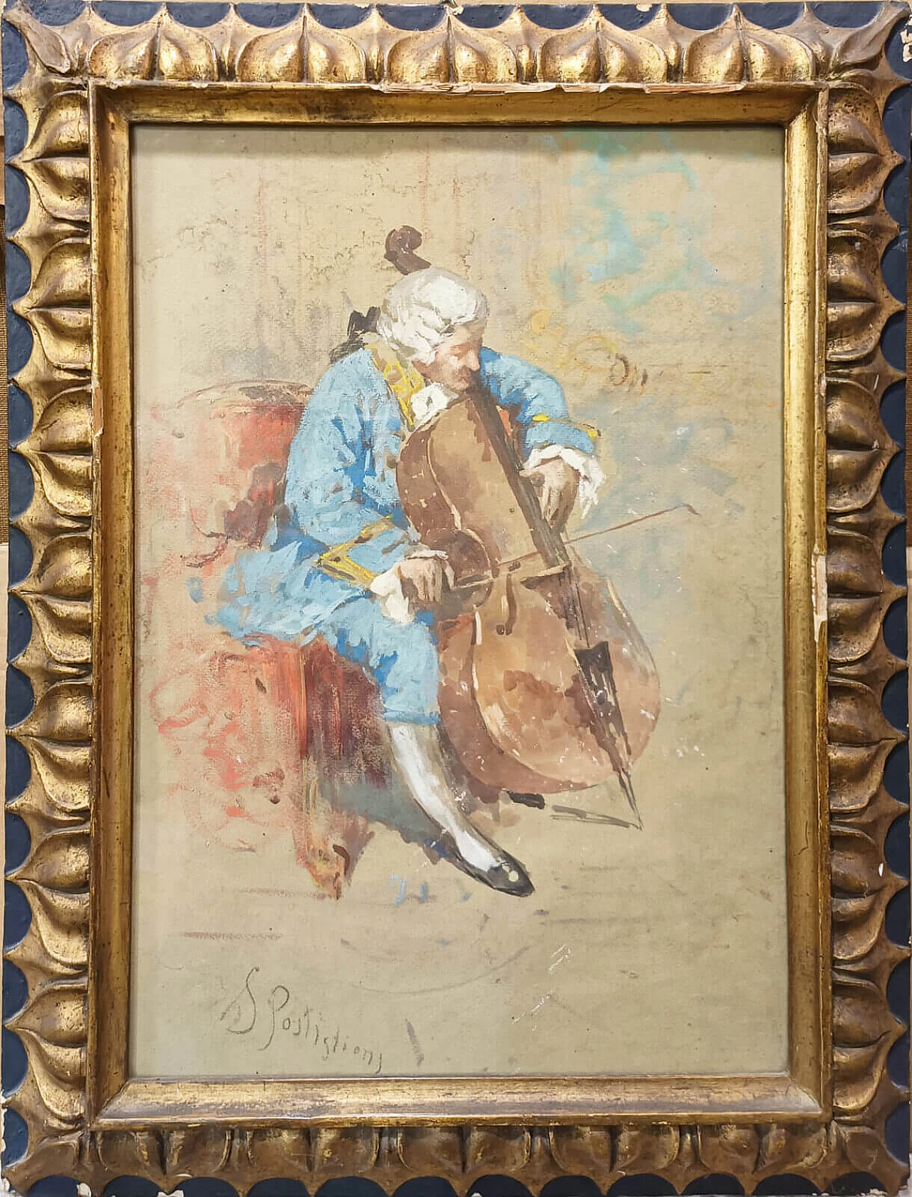 Salvatore Postiglione, cellist portrait, watercolor on paper, last quarter of 19th century 1