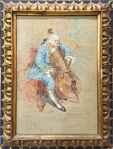 Salvatore Postiglione, cellist portrait, watercolor on paper, last quarter of 19th century