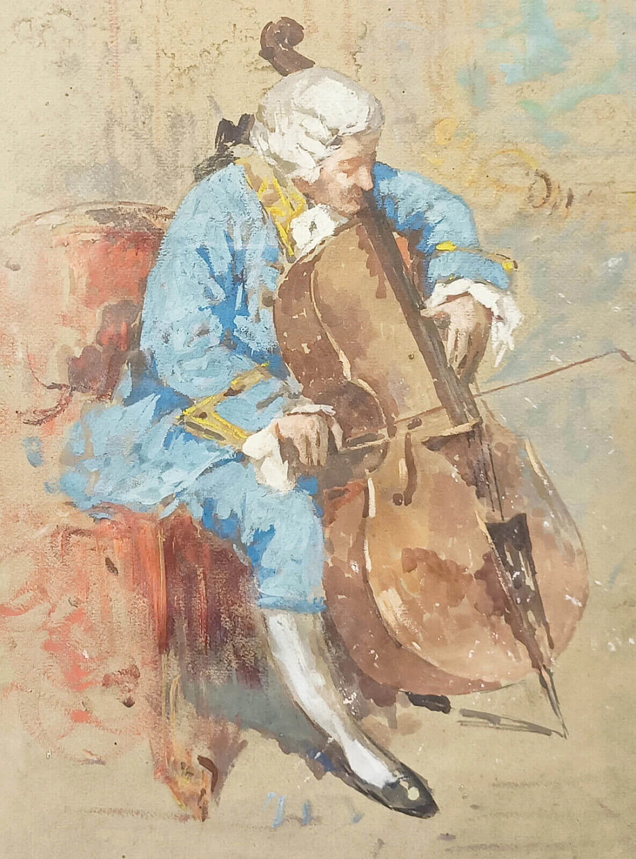 Salvatore Postiglione, cellist portrait, watercolor on paper, last quarter of 19th century 3