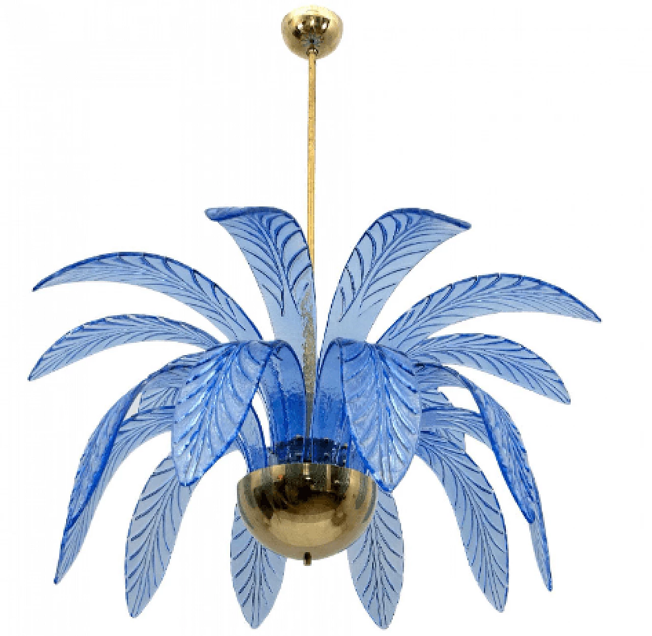Lampadario a foglie di palma in vetro di Murano azzurro e ottone, anni '70 1