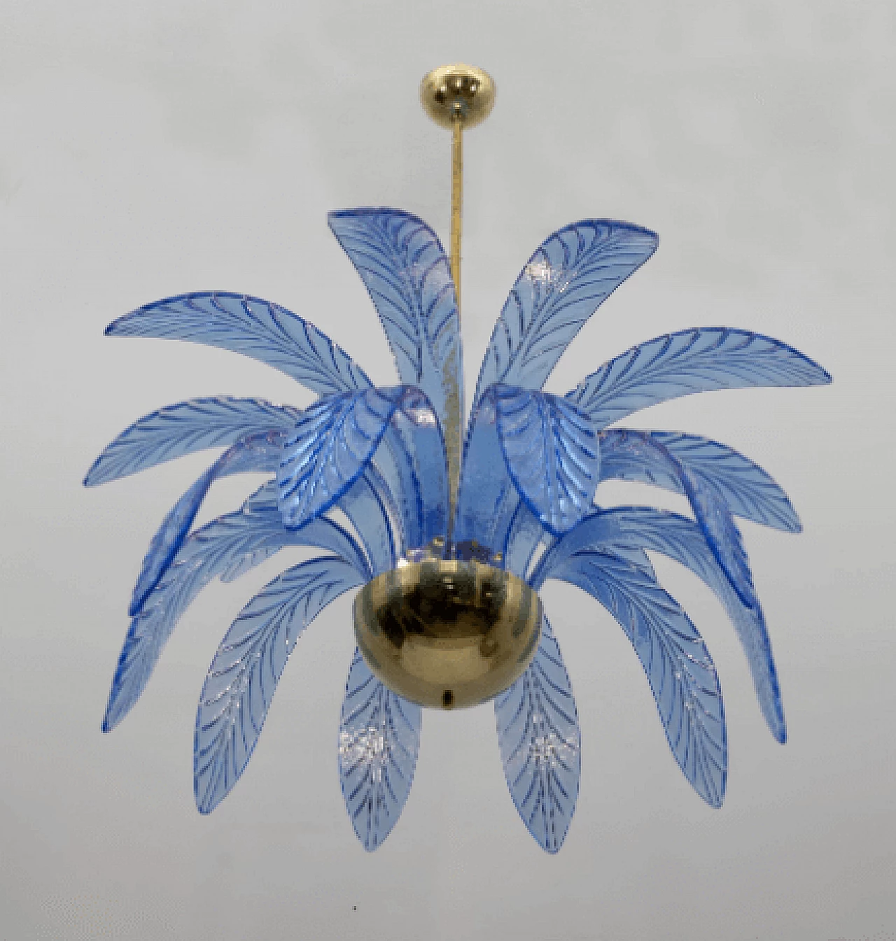 Lampadario a foglie di palma in vetro di Murano azzurro e ottone, anni '70 2