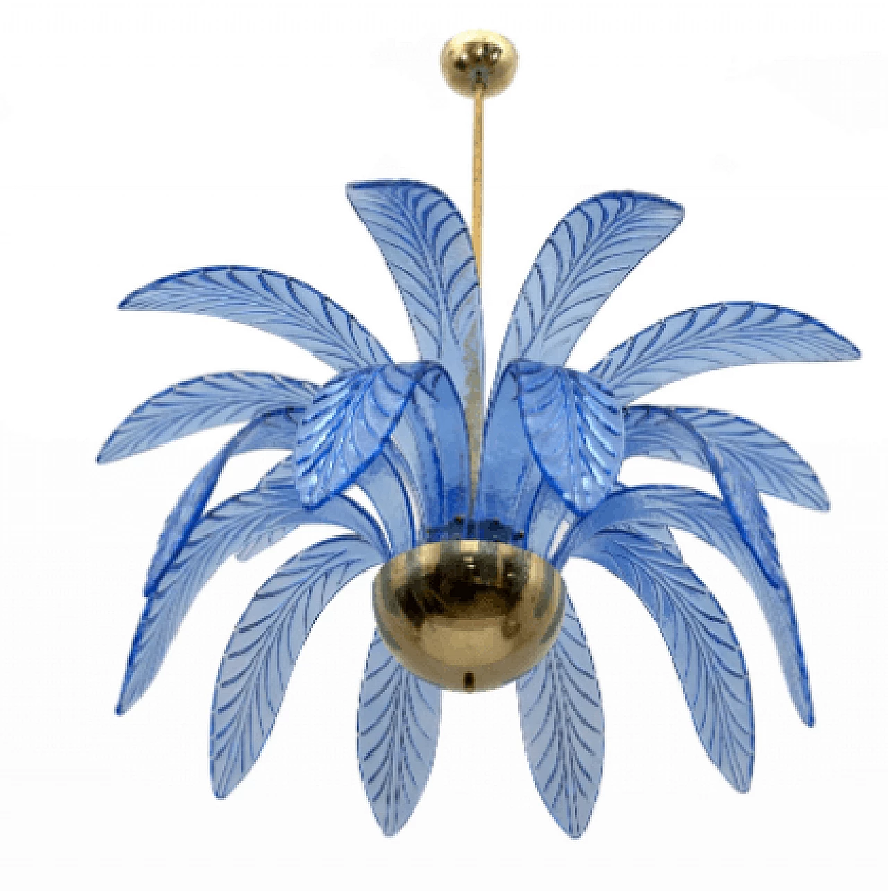 Lampadario a foglie di palma in vetro di Murano azzurro e ottone, anni '70 3