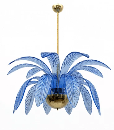 Light blue Murano glass and brass palm leaf chandelier, 1970s