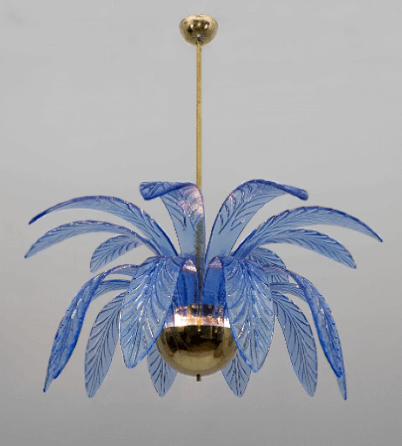 Light blue Murano glass and brass palm leaf chandelier, 1970s 5