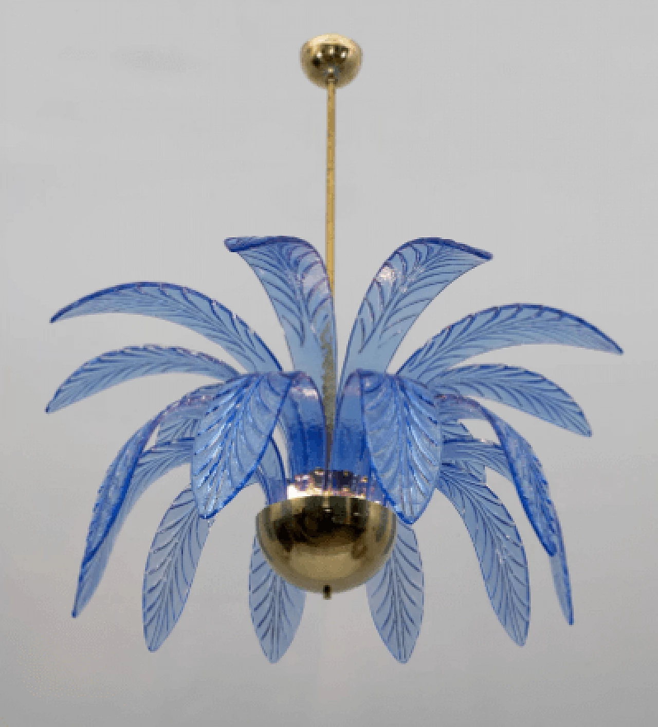 Light blue Murano glass and brass palm leaf chandelier, 1970s 6