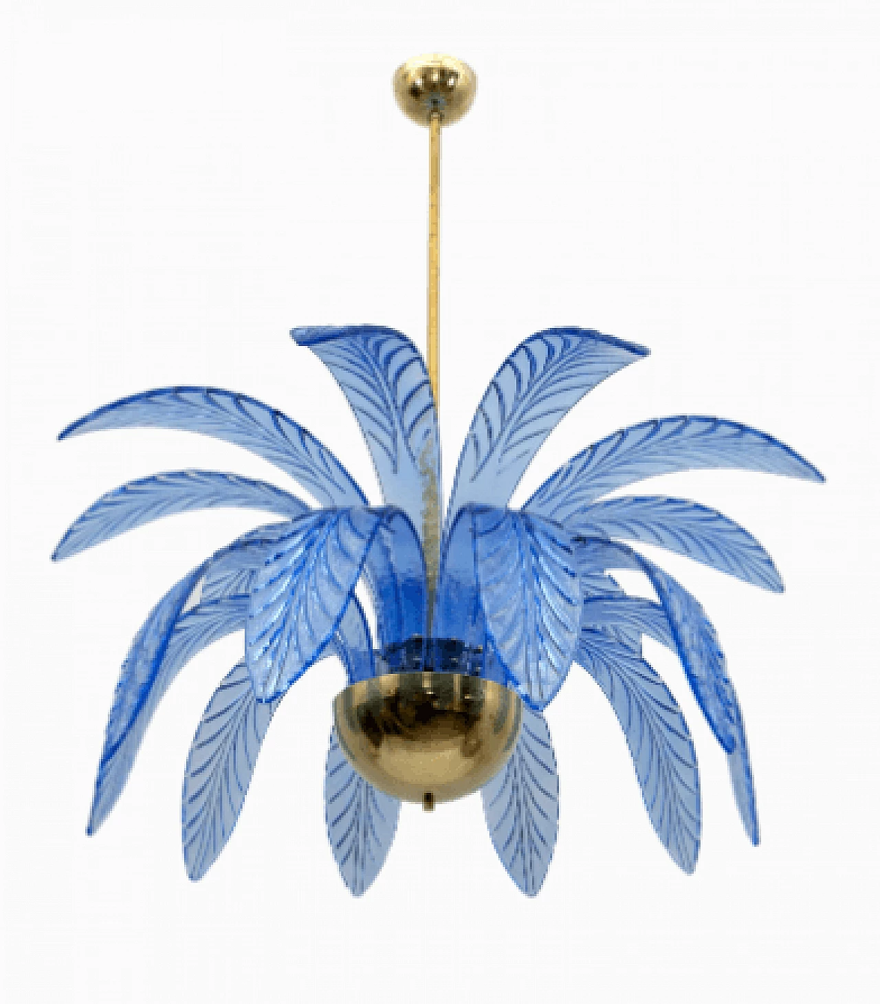 Lampadario a foglie di palma in vetro di Murano azzurro e ottone, anni '70 7