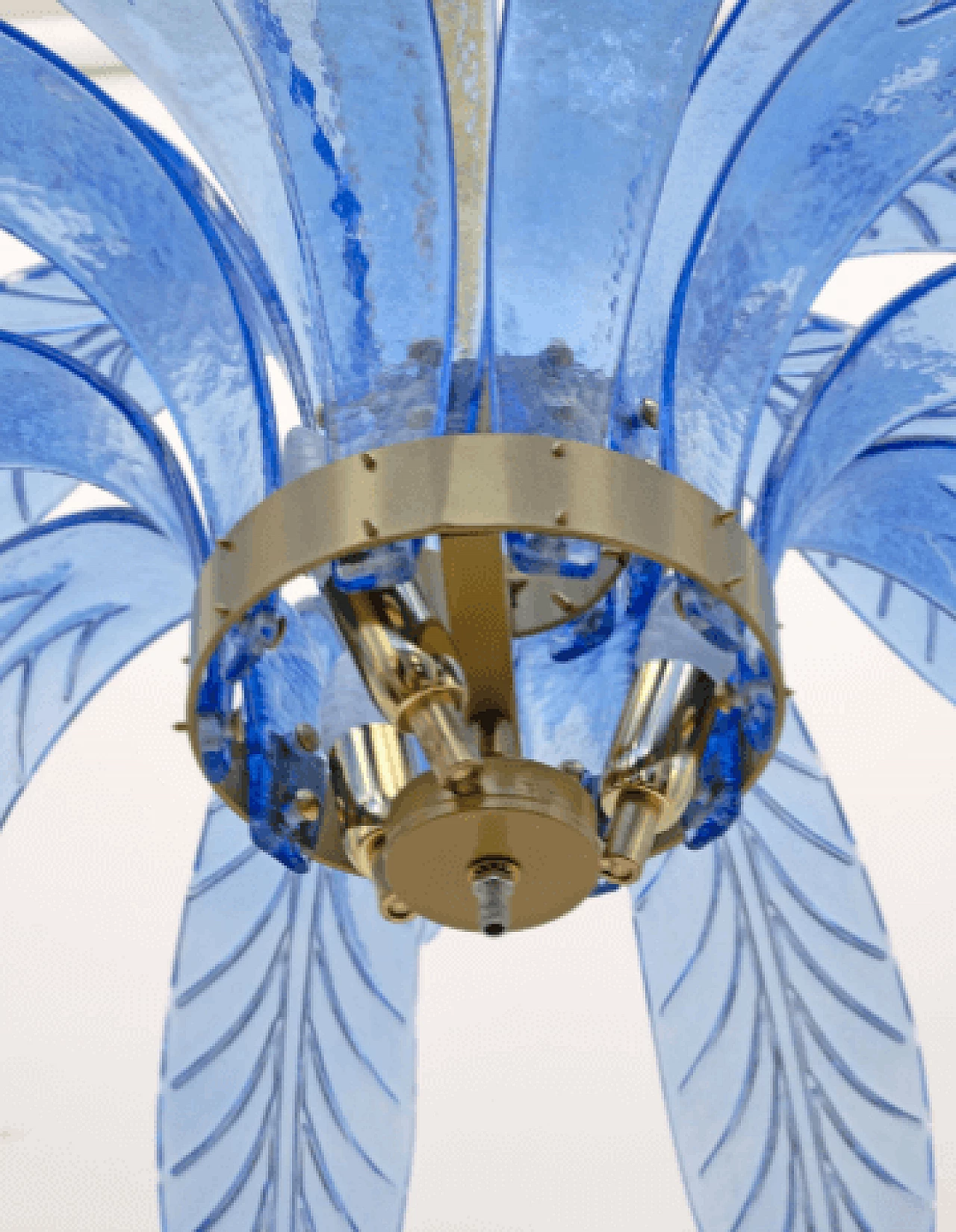 Light blue Murano glass and brass palm leaf chandelier, 1970s 9