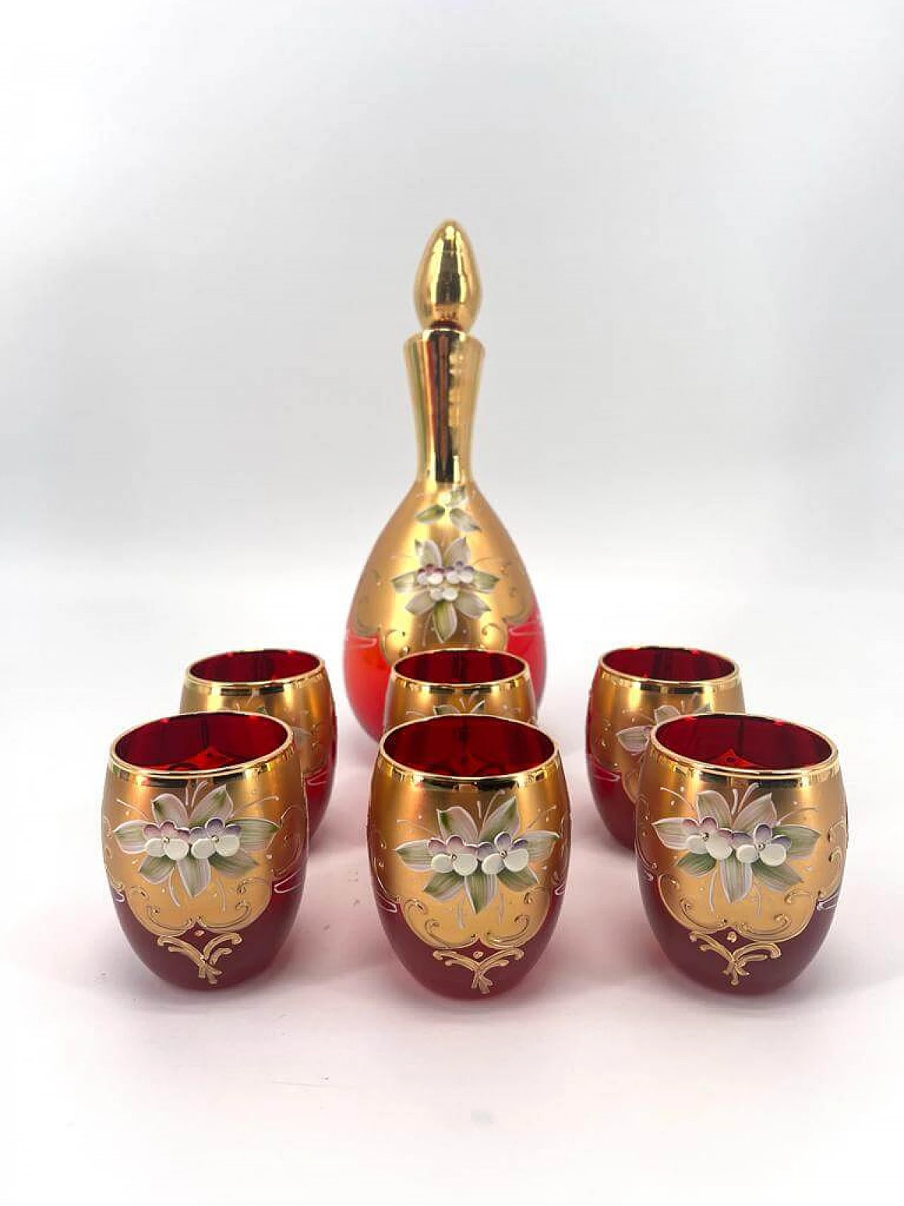 6 Bicchieri e decanter tre fuochi Murano, anni '40 10