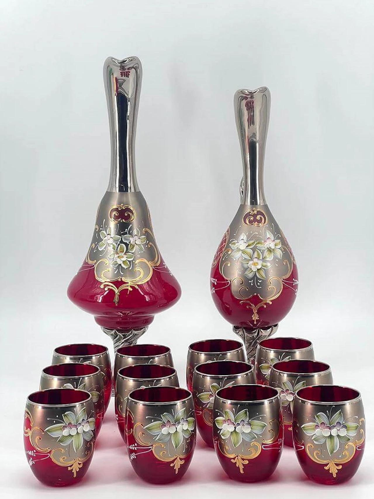 12 Bicchieri e coppia di decanter in vetro di Murano, anni '50 1