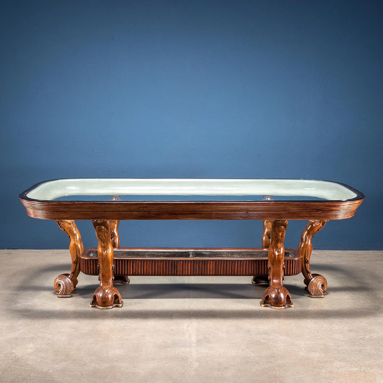 Walnut table with crystal top by Osvaldo Borsani for Arredamenti Borsani Varedo, 1940s 1