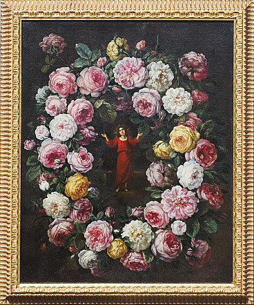 Ghirlanda di fiori con Gesù Fanciullo, dipinto a olio su tela attribuito a Pier Francesco Cittadini, '600