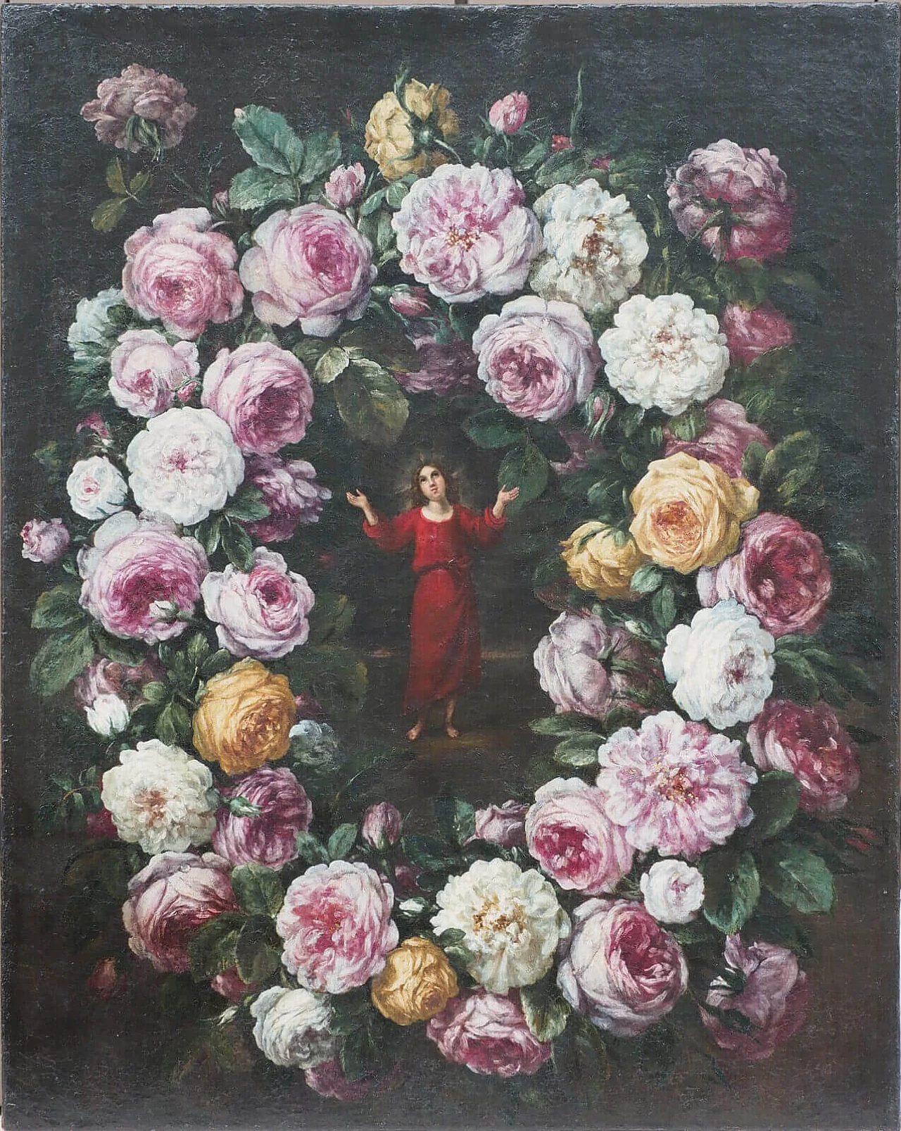 Ghirlanda di fiori con Gesù Fanciullo, dipinto a olio su tela attribuito a Pier Francesco Cittadini, '600 2