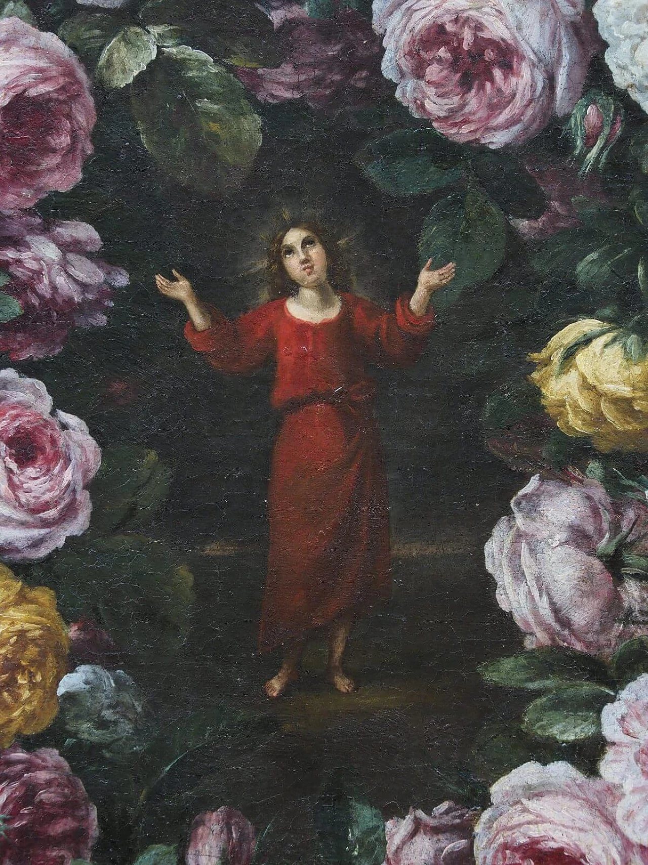 Ghirlanda di fiori con Gesù Fanciullo, dipinto a olio su tela attribuito a Pier Francesco Cittadini, '600 10