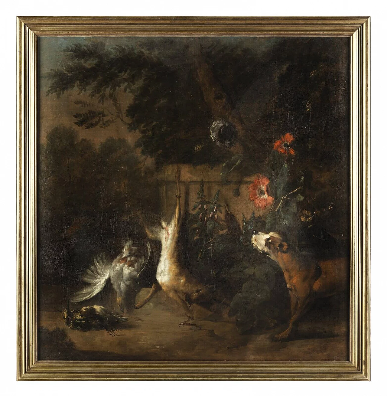 Natura morta con cane, dipinto a olio su tela attribuito a Jan Weenix, '600 1
