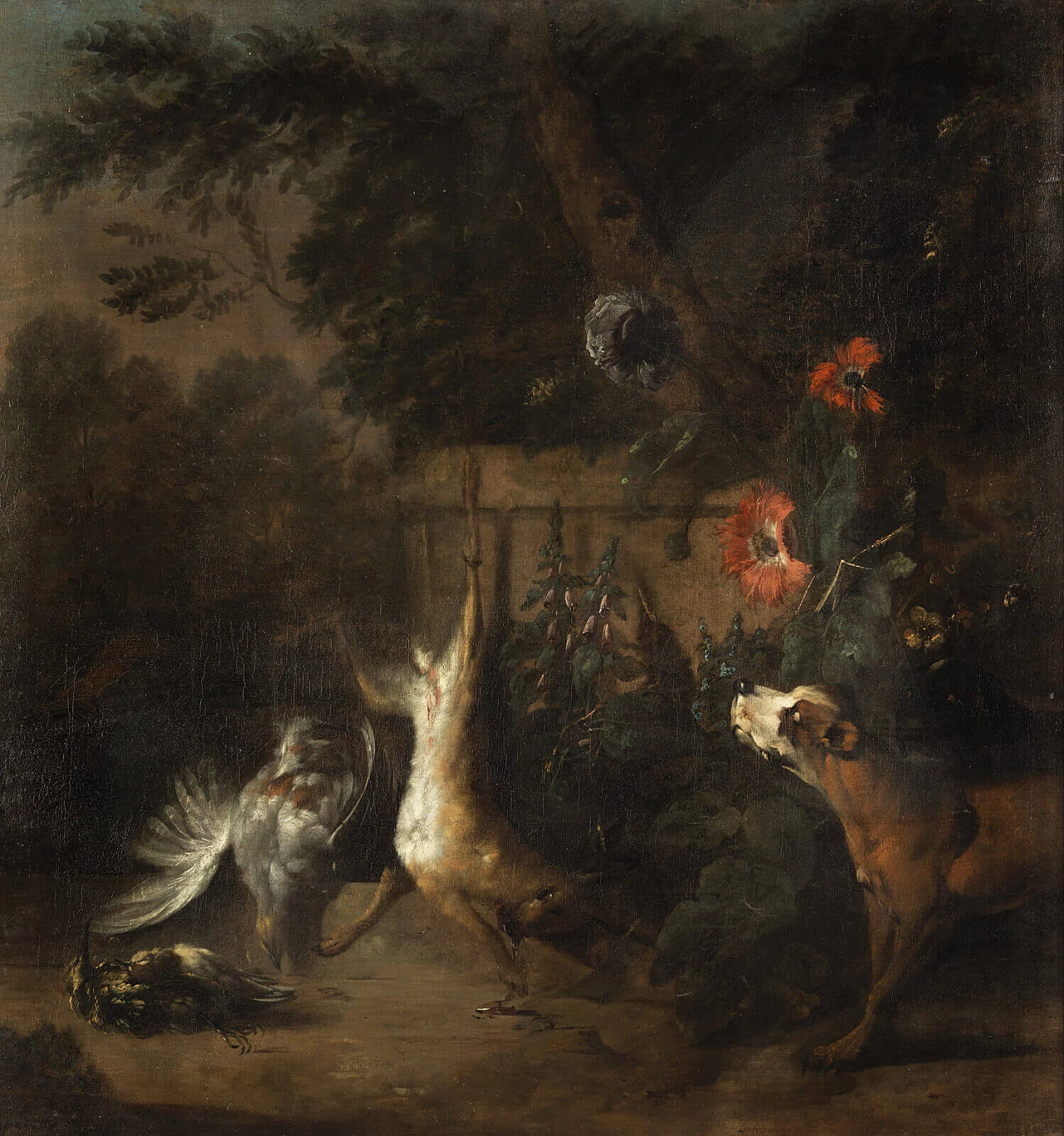 Natura morta con cane, dipinto a olio su tela attribuito a Jan Weenix, '600 3