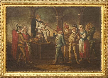 Interno con scena carnevalesca, dipinto a olio su tela attribuito a Marco Marcola, '700