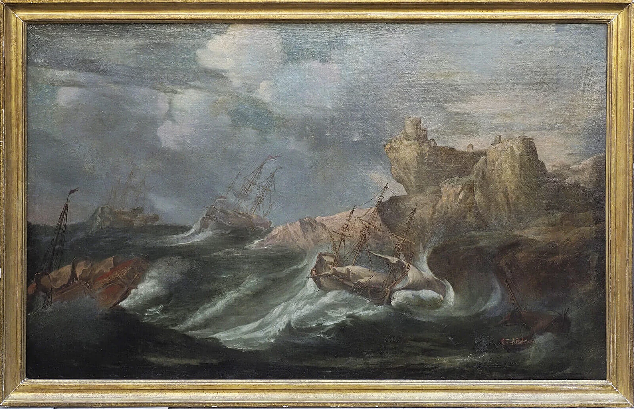 Barche mercantili nella tempesta, dipinto a olio su tela, '800 1