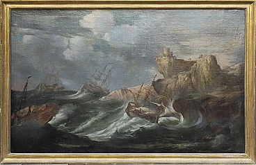 Barche mercantili nella tempesta, dipinto a olio su tela, '800