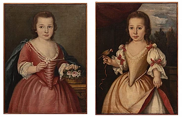 Ambito di Alessandro Longhi, giovani nane, coppia di dipinti a olio su tela, '700