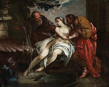 Susanna e i Vecchioni, dipinto a olio su tela riportato su tavola, seconda metà del '700