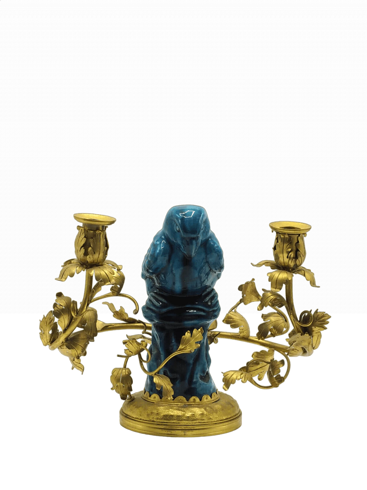 Candelabro cinese in bronzo dorato con pappagallo in porcellana blu 9