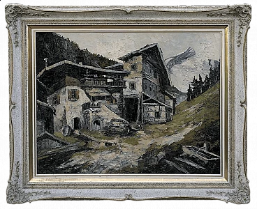 Willy Jager, paesaggio alpino con casolare, dipinto a olio su tela