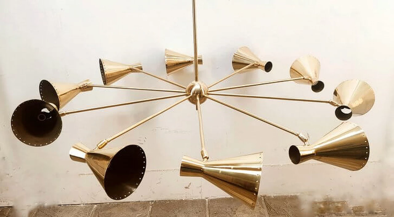 Ten-light brass Sputnik chandelier with adjustable domes, 1960s 3
