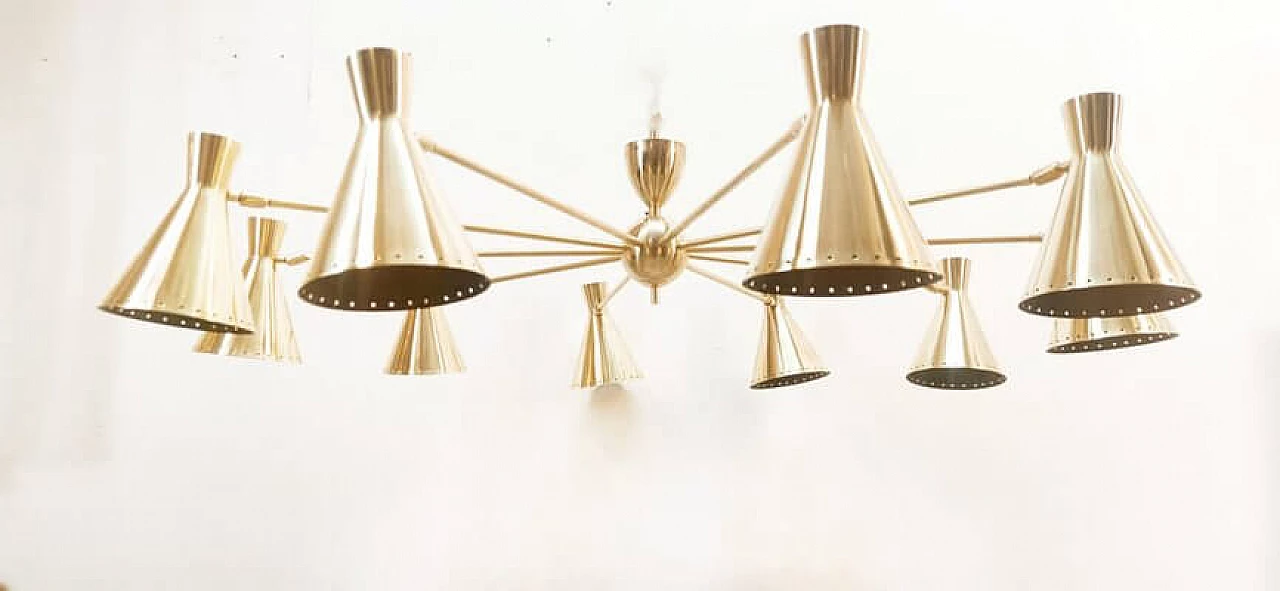 Lampadario Sputnik a dieci luci in ottone con cupole regolabili, anni '60 7