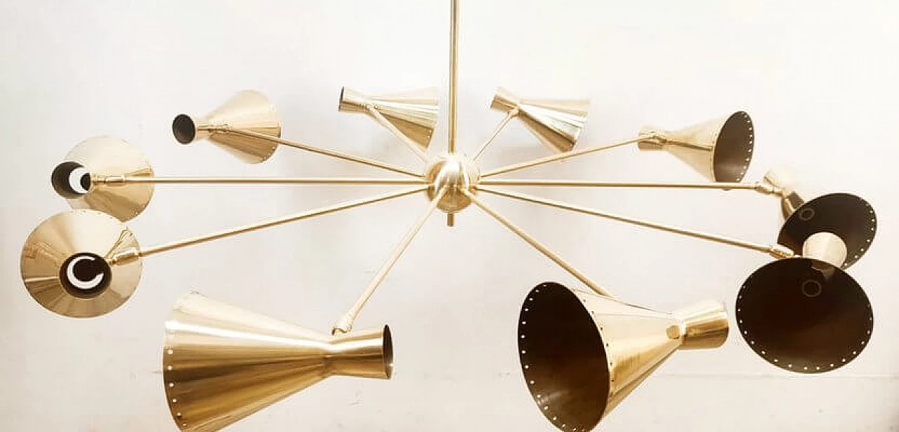 Lampadario Sputnik a dieci luci in ottone con cupole regolabili, anni '60 25
