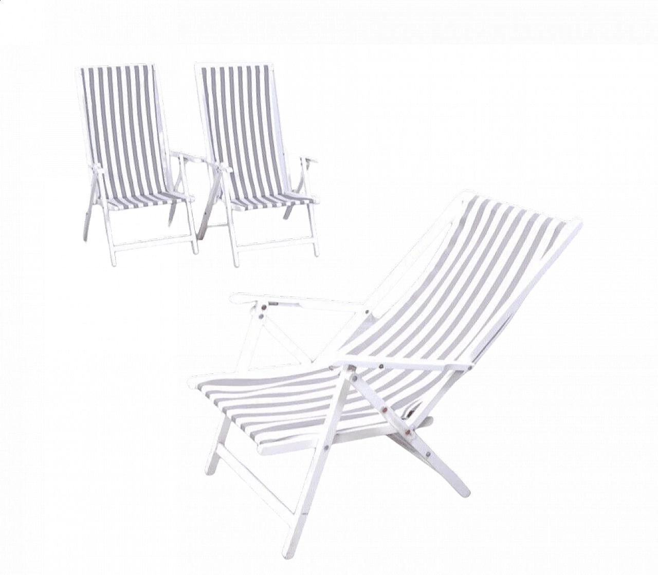 3 Folding deck chairs in white wood and fabric by Fratelli Reguitti, 1970s 15