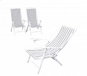 3 Folding deck chairs in white wood and fabric by Fratelli Reguitti, 1970s