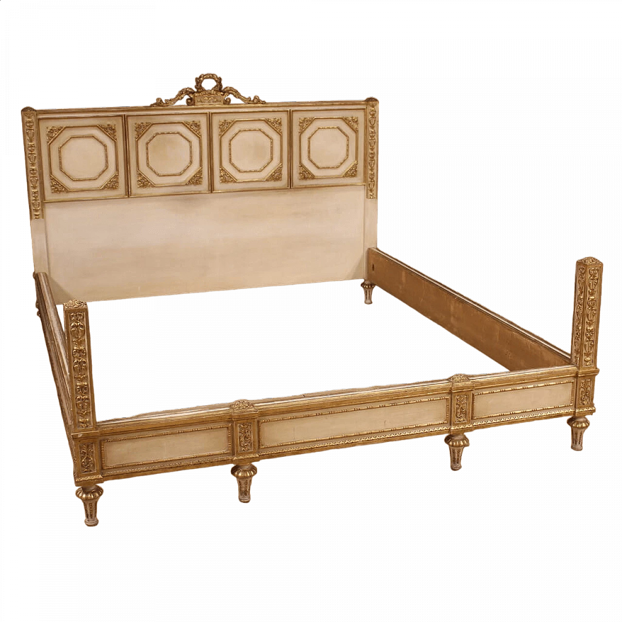 Carved, lacquered and gilded wooden double bed in Louis XVI style, 1950s 13