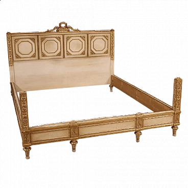 Carved, lacquered and gilded wooden double bed in Louis XVI style, 1950s