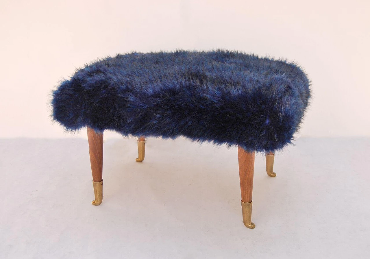 Footstool in blue faux fur, 1940s 1