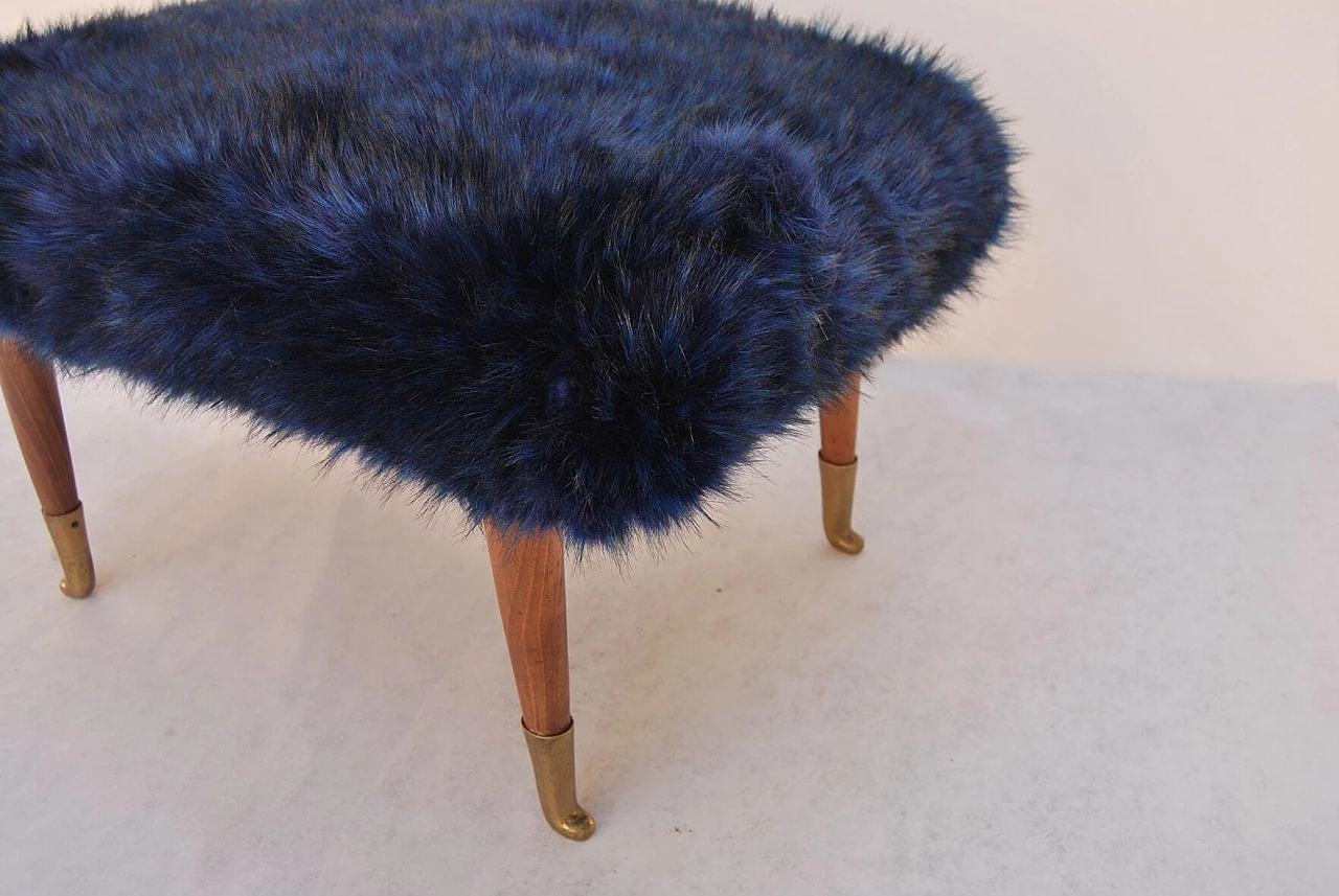 Footstool in blue faux fur, 1940s 3