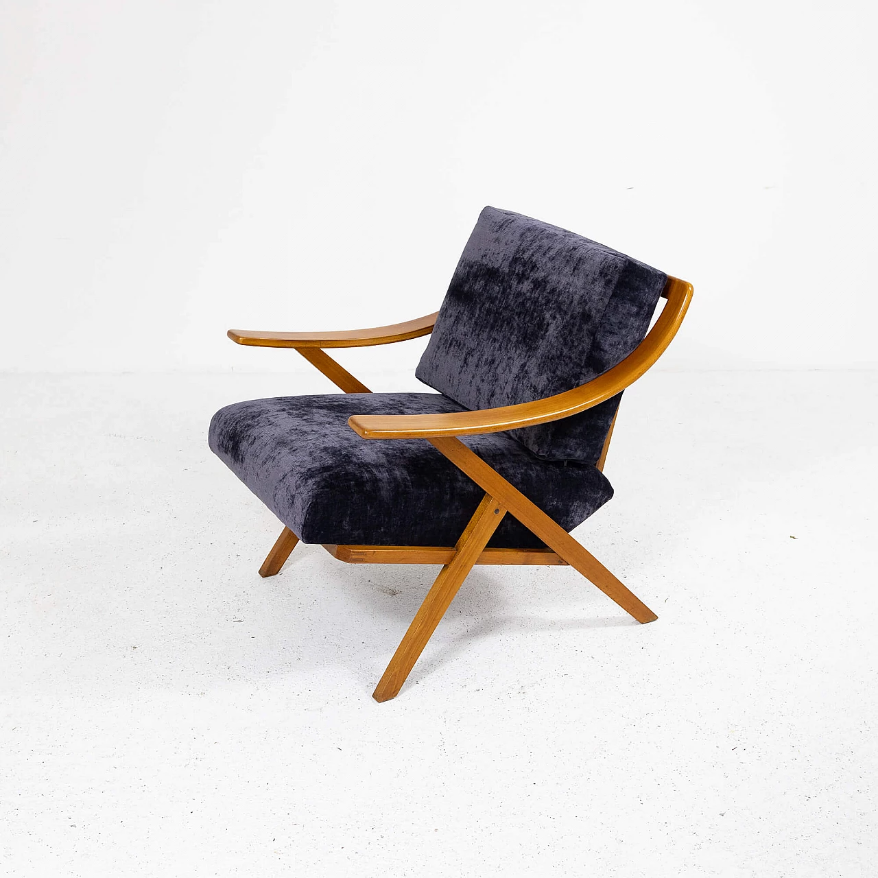 Cherry wood and purple velvet armchair, 1960s 11