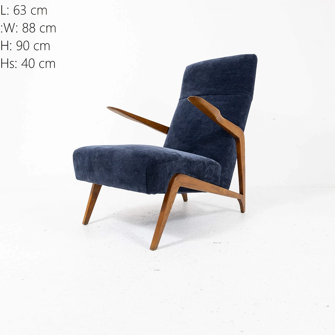 Ash and blue velvet armchair, 1950s 3