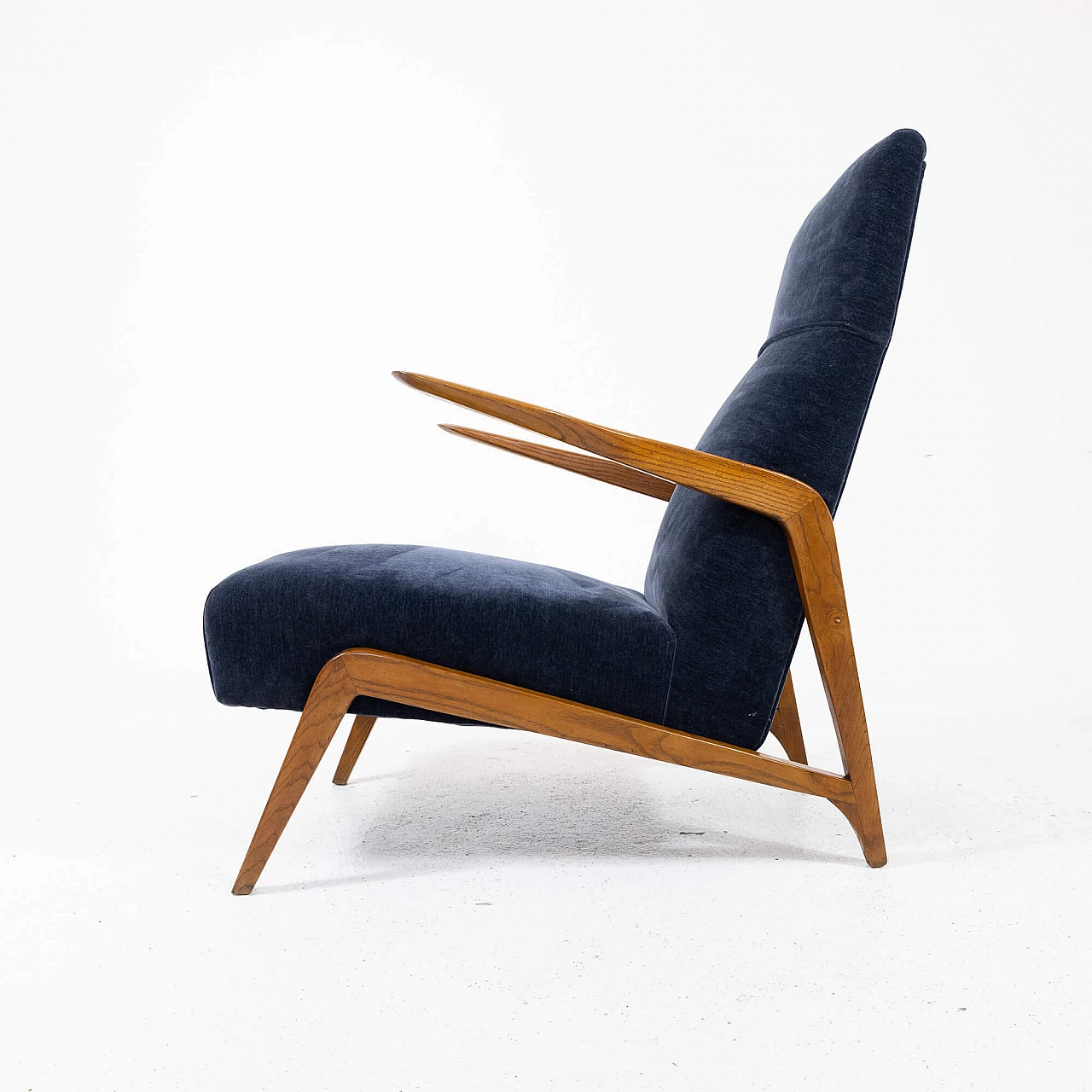 Ash and blue velvet armchair, 1950s 5
