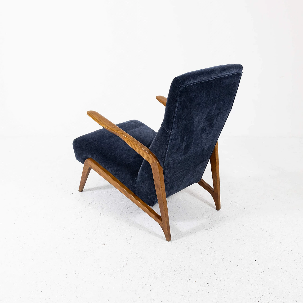 Ash and blue velvet armchair, 1950s 7