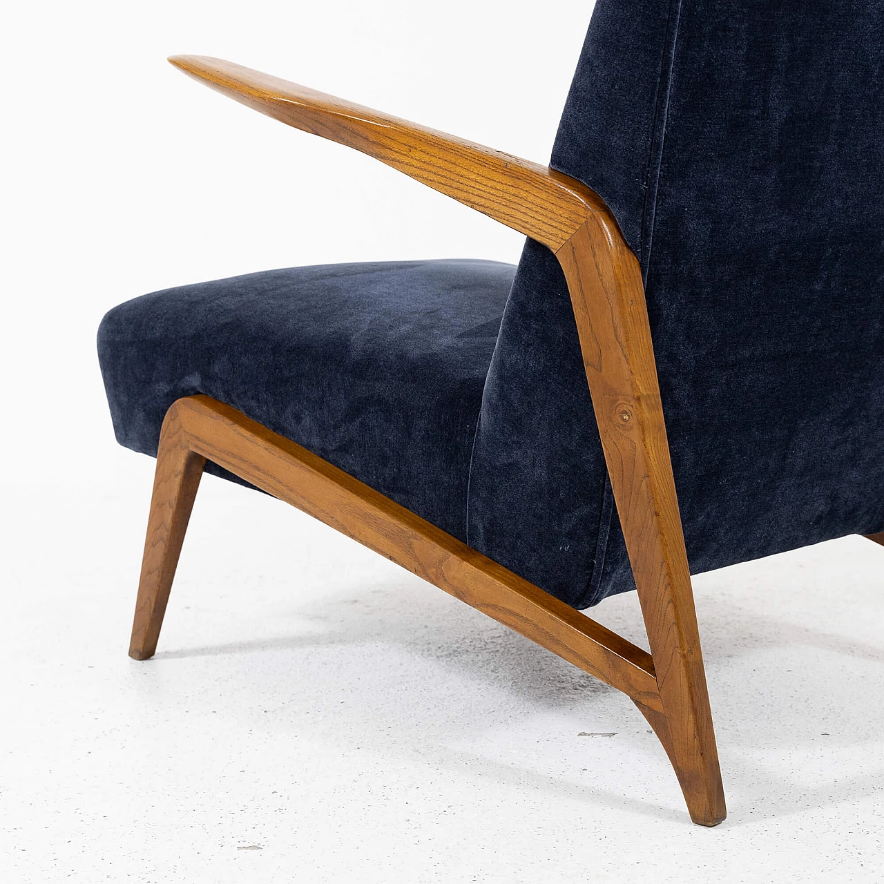 Ash and blue velvet armchair, 1950s 8