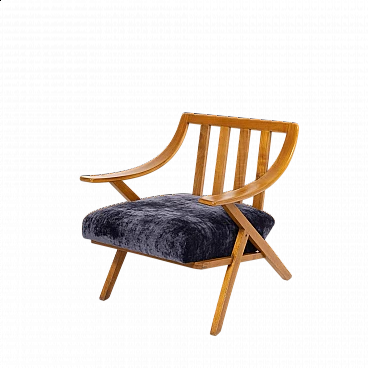 Cherry wood and purple velvet armchair, 1960s