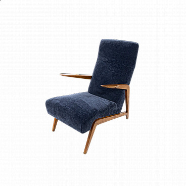 Ash and blue velvet armchair, 1950s