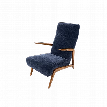 Ash and blue velvet armchair, 1950s