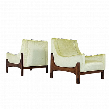 Pair of teak and yellow velvet armchairs, 1960s