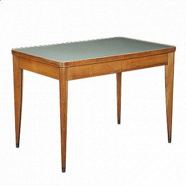 Wood table with back-treated glass top, 1960s