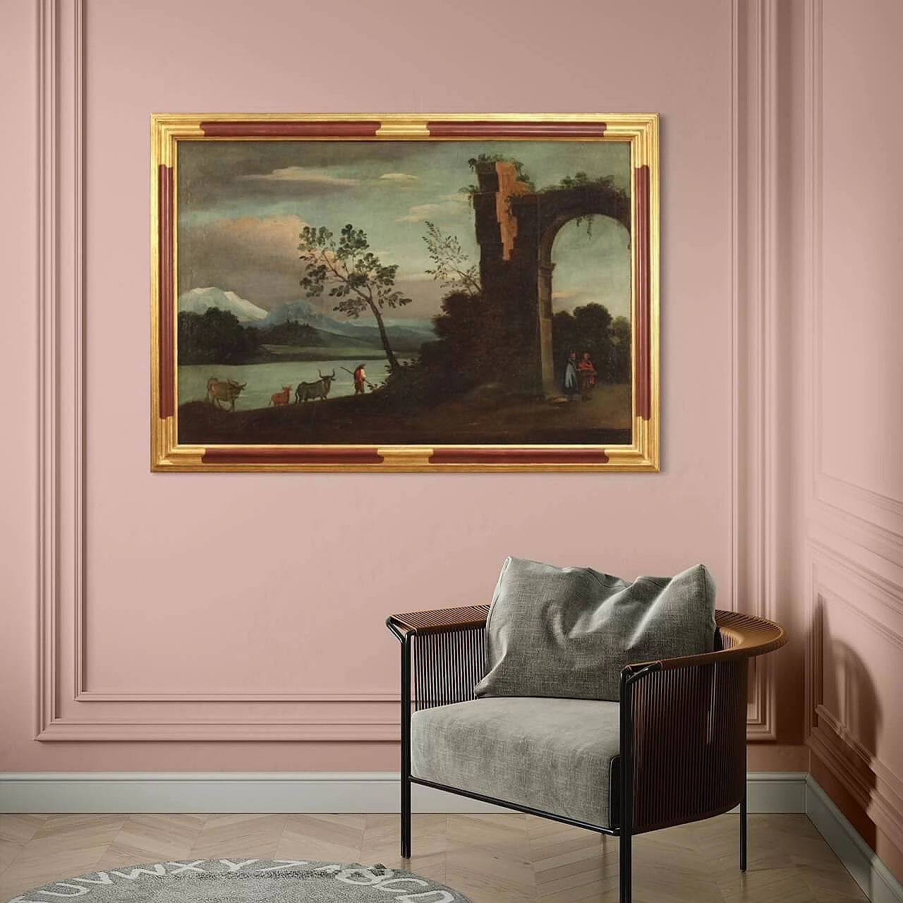 Landscape with ruins, figures and animals, oil painting on canvas, 18th century 1307801